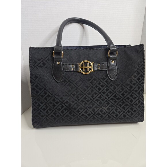 Tommy Hilfiger Black Handbag Purse TH Print Gold Hardware faux leather trim EUC - Picture 2 of 10
